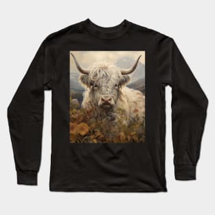 Highland Cattle Wildflowers Retro Art | Vintage-Inspired Landscape with Scottish Cows Long Sleeve T-Shirt